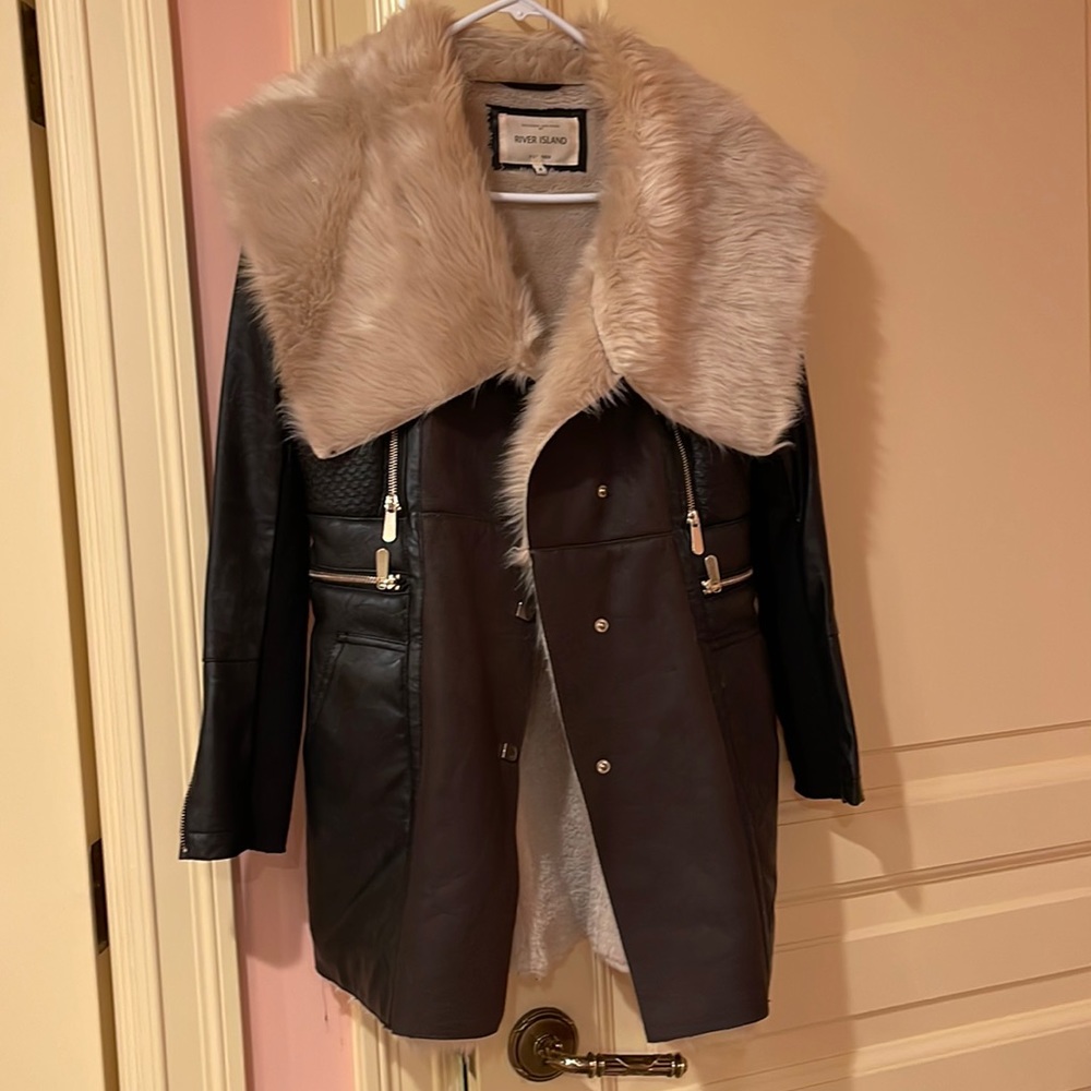 River Island leather faux fur jacket in size US 2